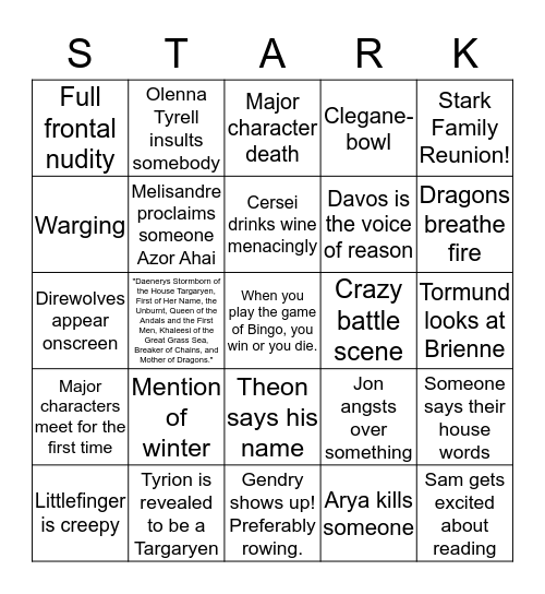 Game of Thrones Season 7 Bingo Card