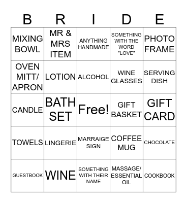 Bridal Shower Presents Bingo! Bingo Card