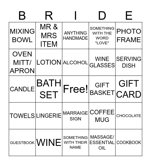 Bridal Shower Presents Bingo! Bingo Card
