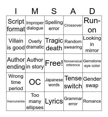 Badfic Bingo Card