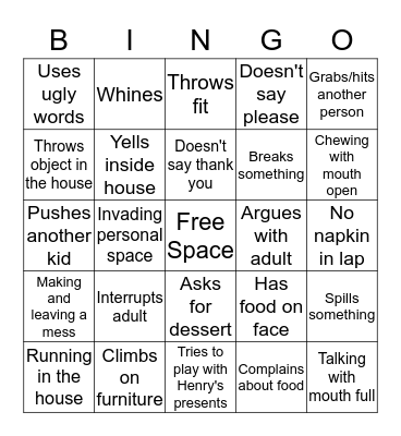 Bad Behavior Bingo Card