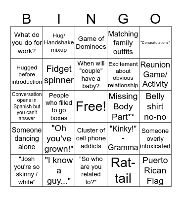 Awkward Reunion Bingo Card