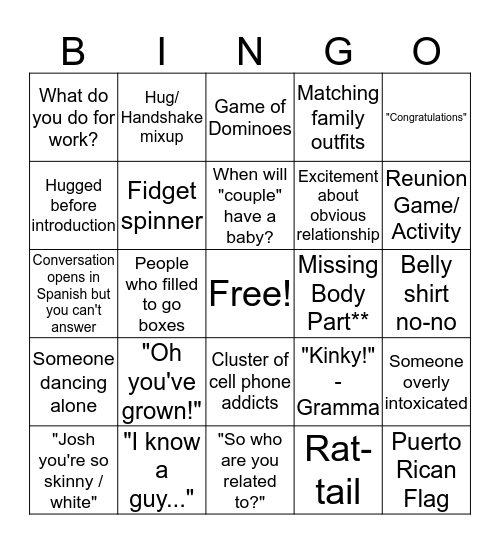 Awkward Reunion Bingo Card