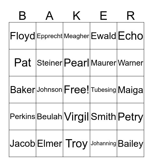 Baker Bingo Card