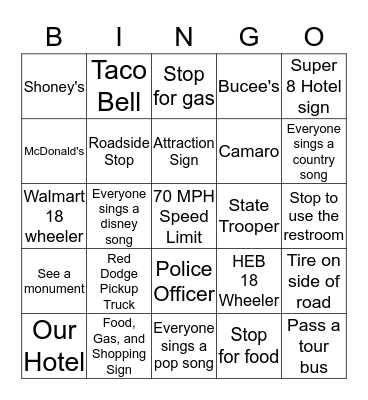 Road Trip Bingo Card