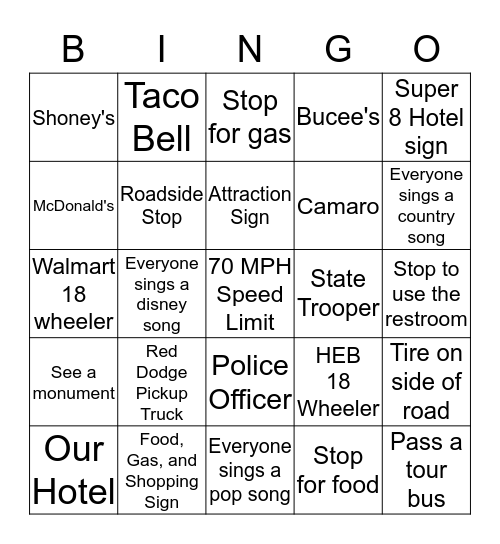 Road Trip Bingo Card