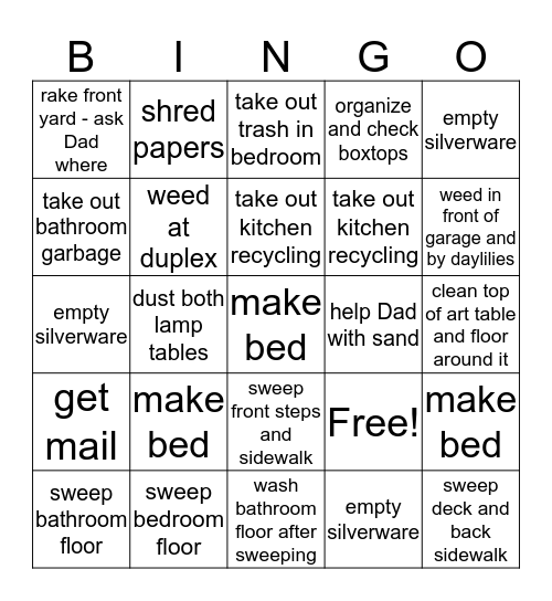 Chore Bingo #5 Bingo Card