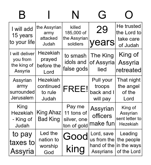 Hezekiah - King of Judah Bingo Card