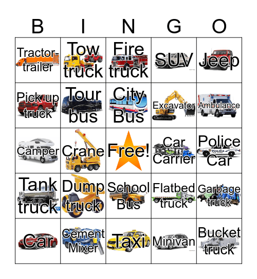 Cars and Trucks Bingo Card