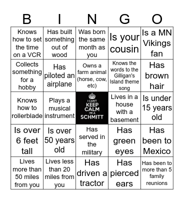 Schmitt Family Reunion Bingo Card
