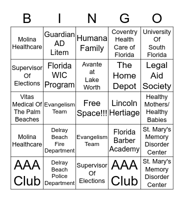 Community Health Fair  Bingo Card