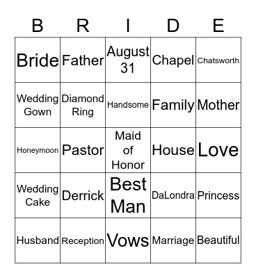 DaLondra's Bridal Shower Bingo Card