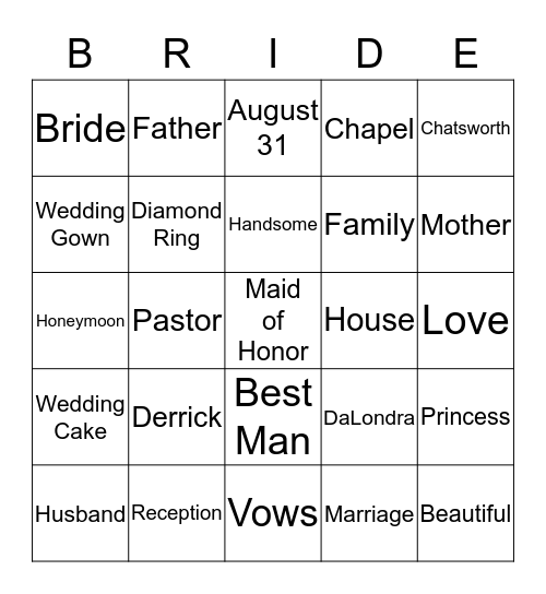 DaLondra's Bridal Shower Bingo Card