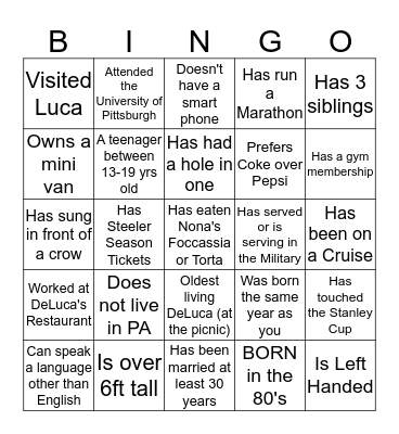 DeLuca Family Bingo! Bingo Card