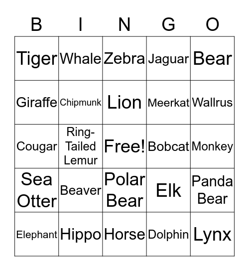 ZOO Bingo  Bingo Card
