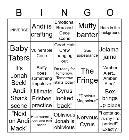 Andi Mack Bingo Card