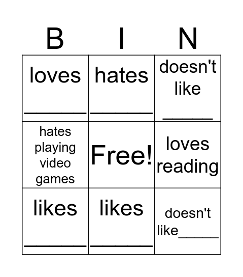 Find someone who likes/doesn't like/loves/hates... Bingo Card