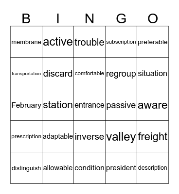 Word Bingo Card