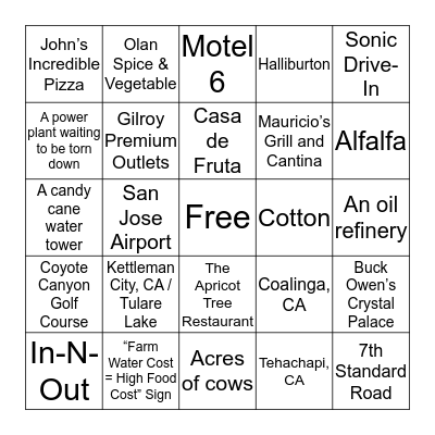 Dryden Trip  Bingo Card