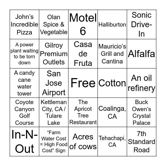 Dryden Trip  Bingo Card