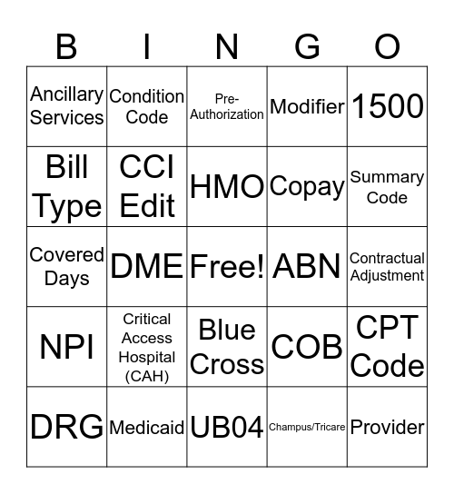 Terminology BINGO  Bingo Card
