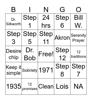 AA/NA 12 steps Bingo Card