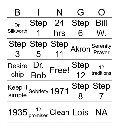 AA/NA 12 steps Bingo Card