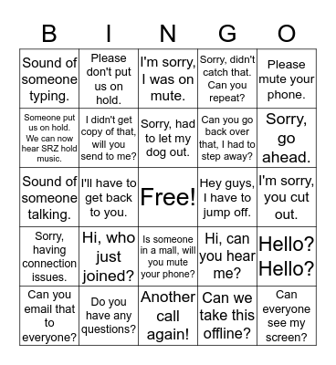 Sunrise Conference Call Bingo Card