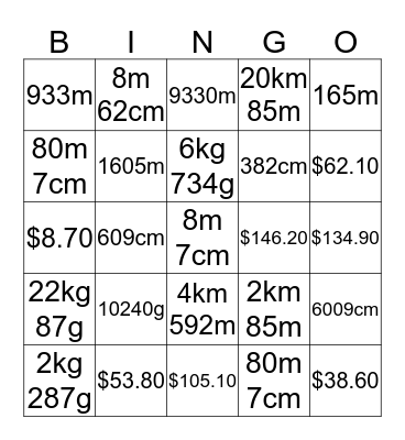 MATHEMATICS FUN - MONEY, LENGTH AND MASS Bingo Card