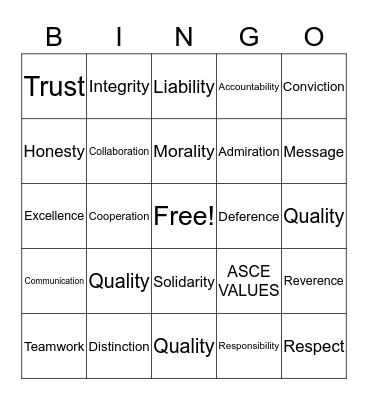 ASCE VALUES Bingo Card