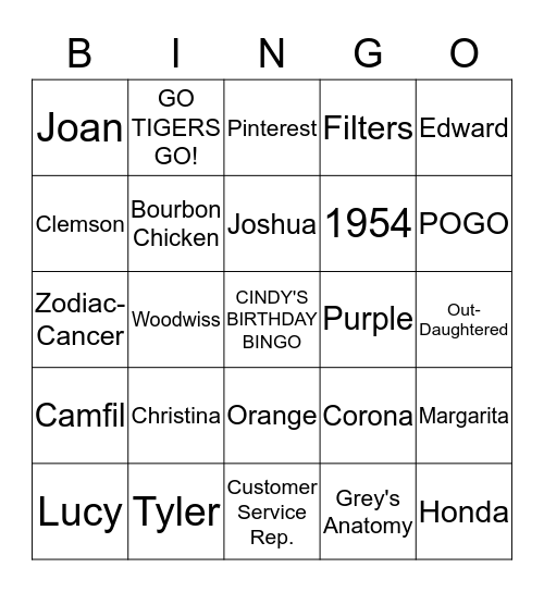 CINDY'S BIRTHDAY BINGO Card