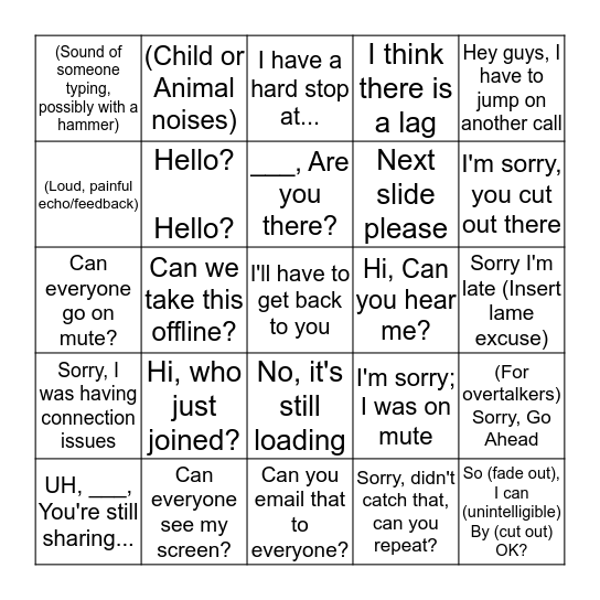 Conference Call Bingo Card