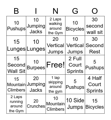 Fitness Bingo Card