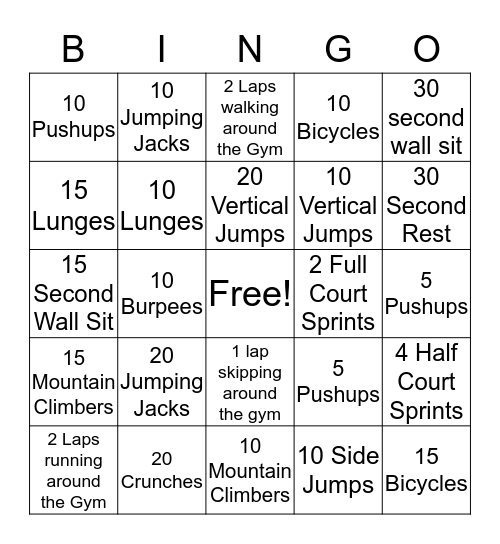 Fitness Bingo Card