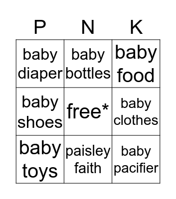 baby stuff and name  Bingo Card