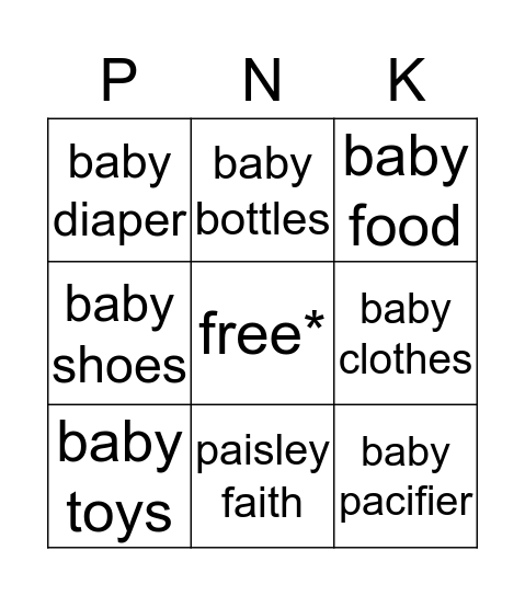 baby stuff and name  Bingo Card