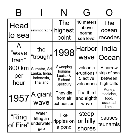 Tsunami Bingo Card