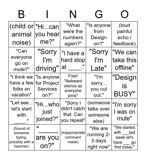 Friday Call Bingo Card