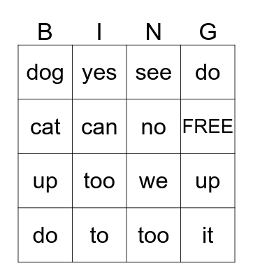 sight words Bingo Card