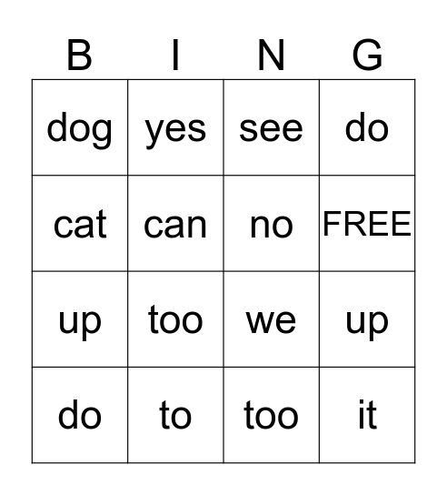 sight words Bingo Card