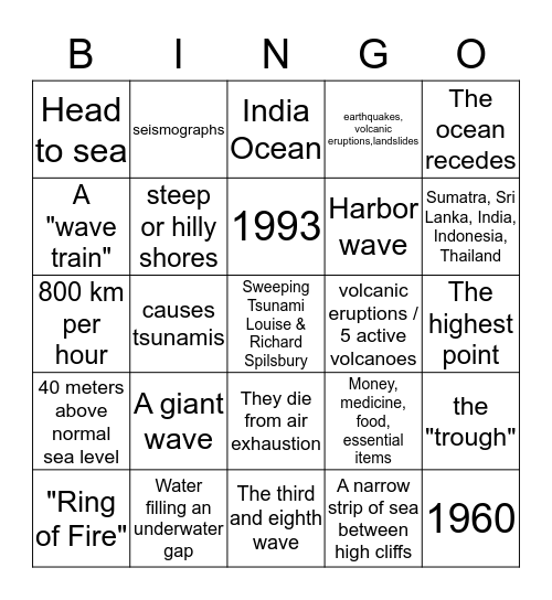 Tsunami Bingo Card