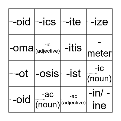 Greek + Medical Suffixes Bingo Card