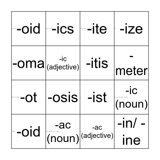 Greek + Medical Suffixes Bingo Card