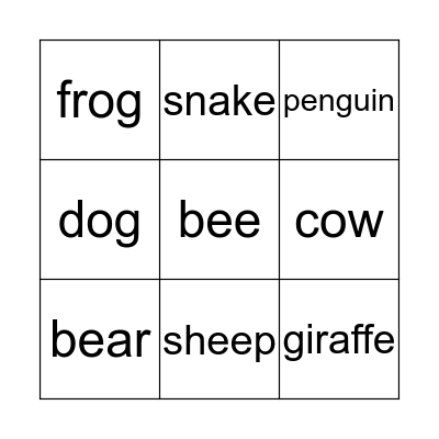 Animals Bingo Card