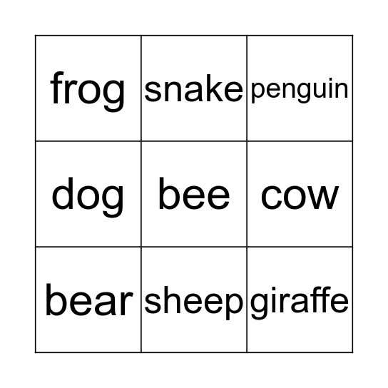 Animals Bingo Card