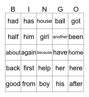 My Key Words Bingo Card