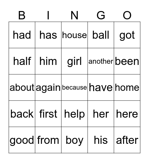My Key Words Bingo Card