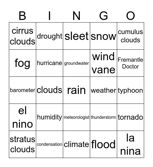 Weather Bingo Card