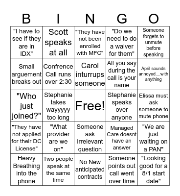 Confrence Call Bingo Card