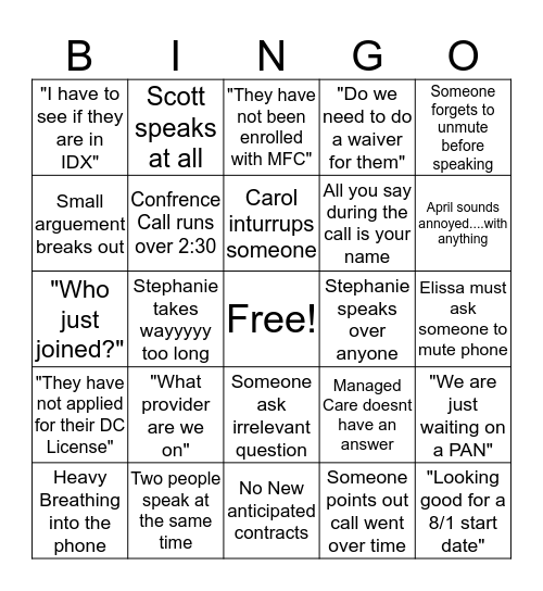 Confrence Call Bingo Card